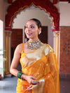 Banarasee Organza Mix Saree With Silver Zari Buti Design & Border-Mustard Yellow
