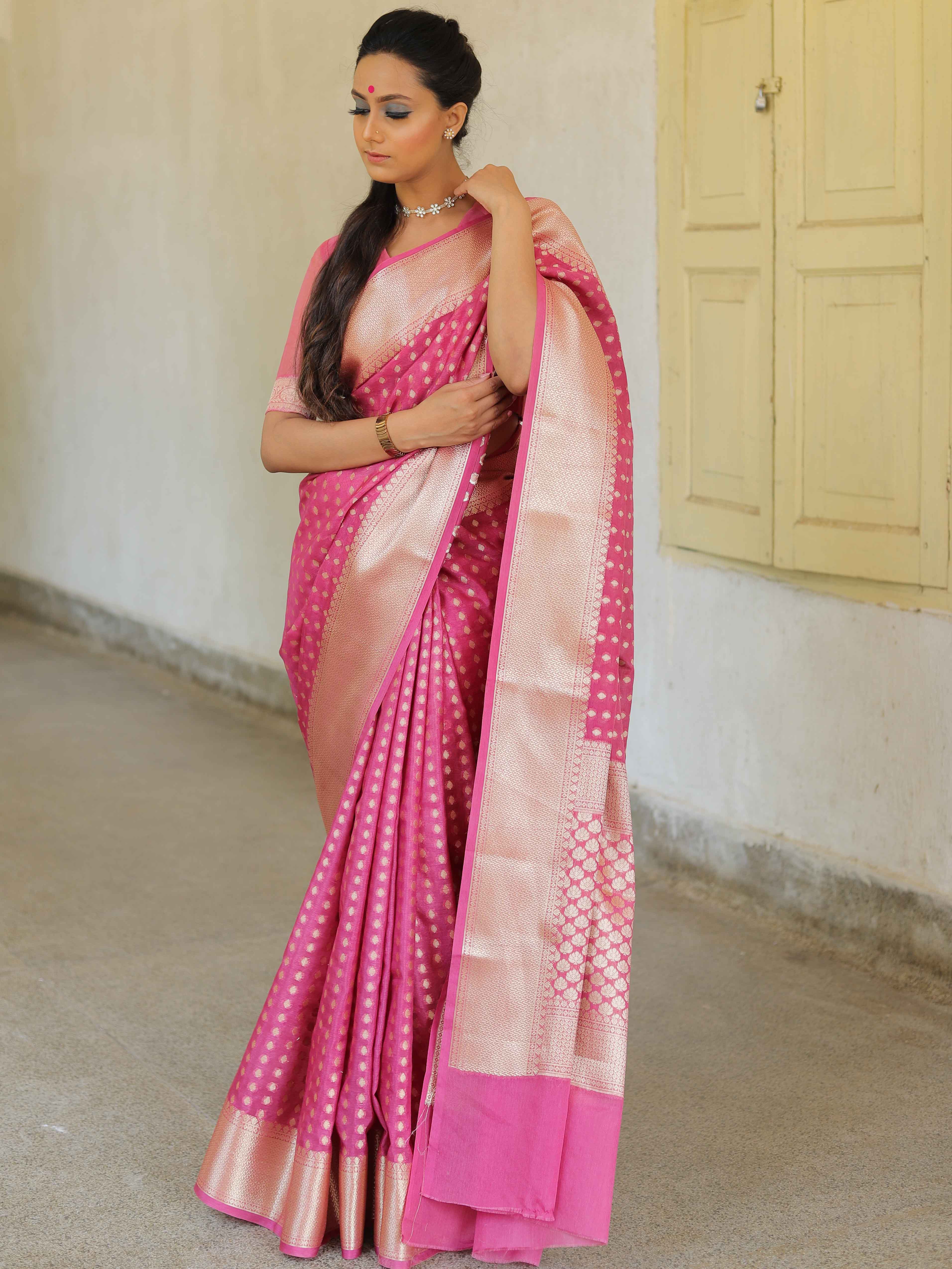 Banarasee Faux Georgette Saree With Gold Zari Buti & Border-Onion Pink
