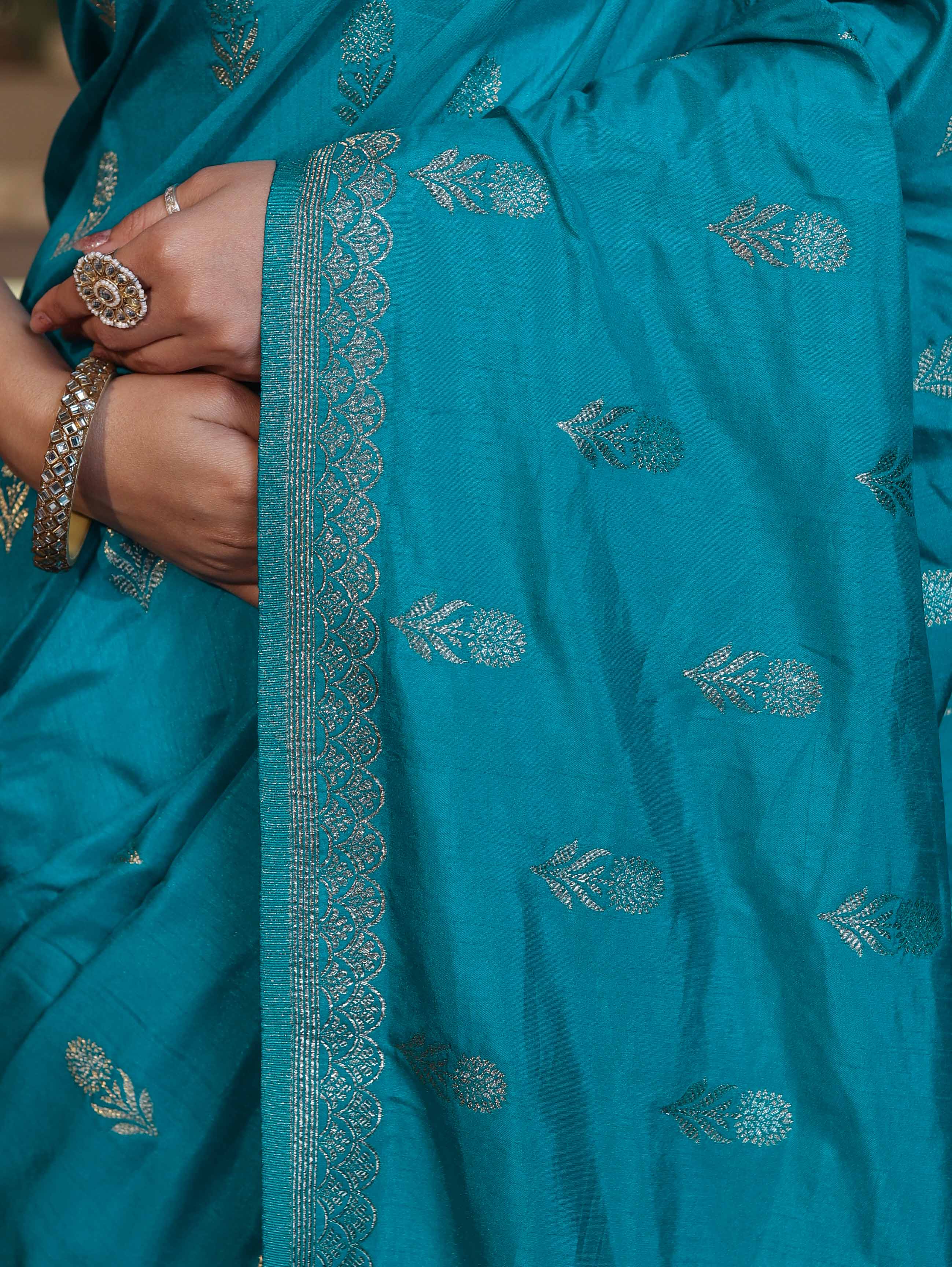 Banarasee Handloom Semi Silk Saree With Sona Rupa Zari Work & Border-Turquoise Blue