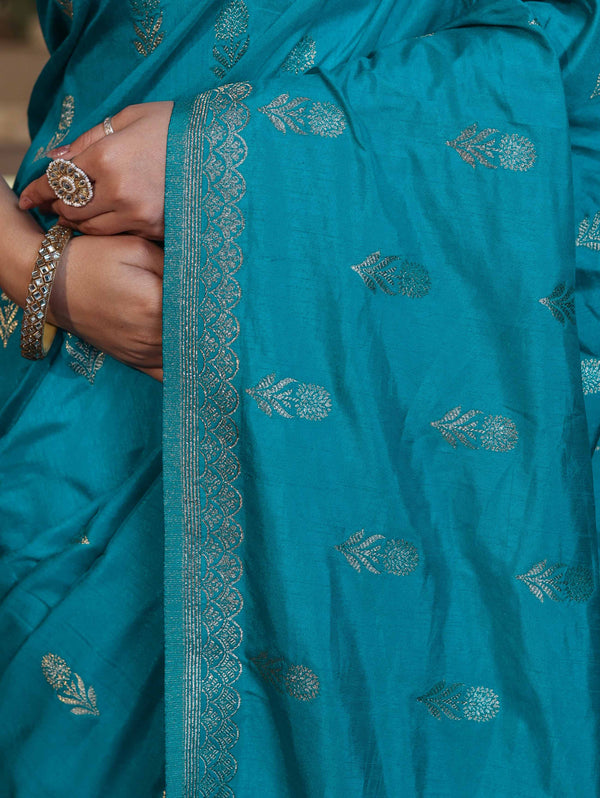 Banarasee Handloom Semi Silk Saree With Sona Rupa Zari Work & Border-Turquoise Blue