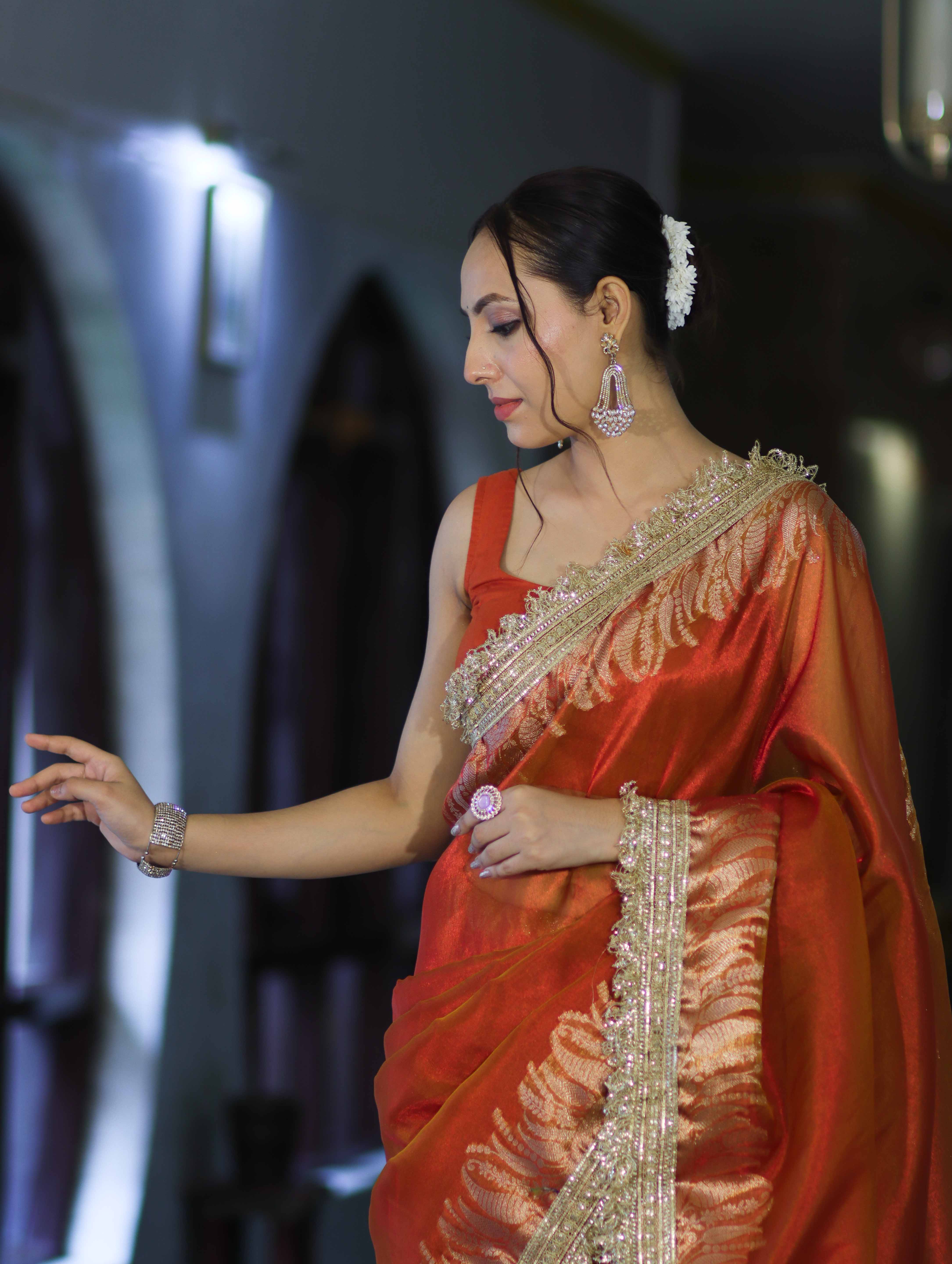 Banarasee Handloom Plain Tissue Saree With Zari Border & Lace-Rust