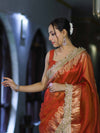 Banarasee Handloom Plain Tissue Saree With Zari Border & Lace-Rust