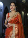 Banarasee Handloom Plain Tissue Saree With Zari Border & Lace-Rust