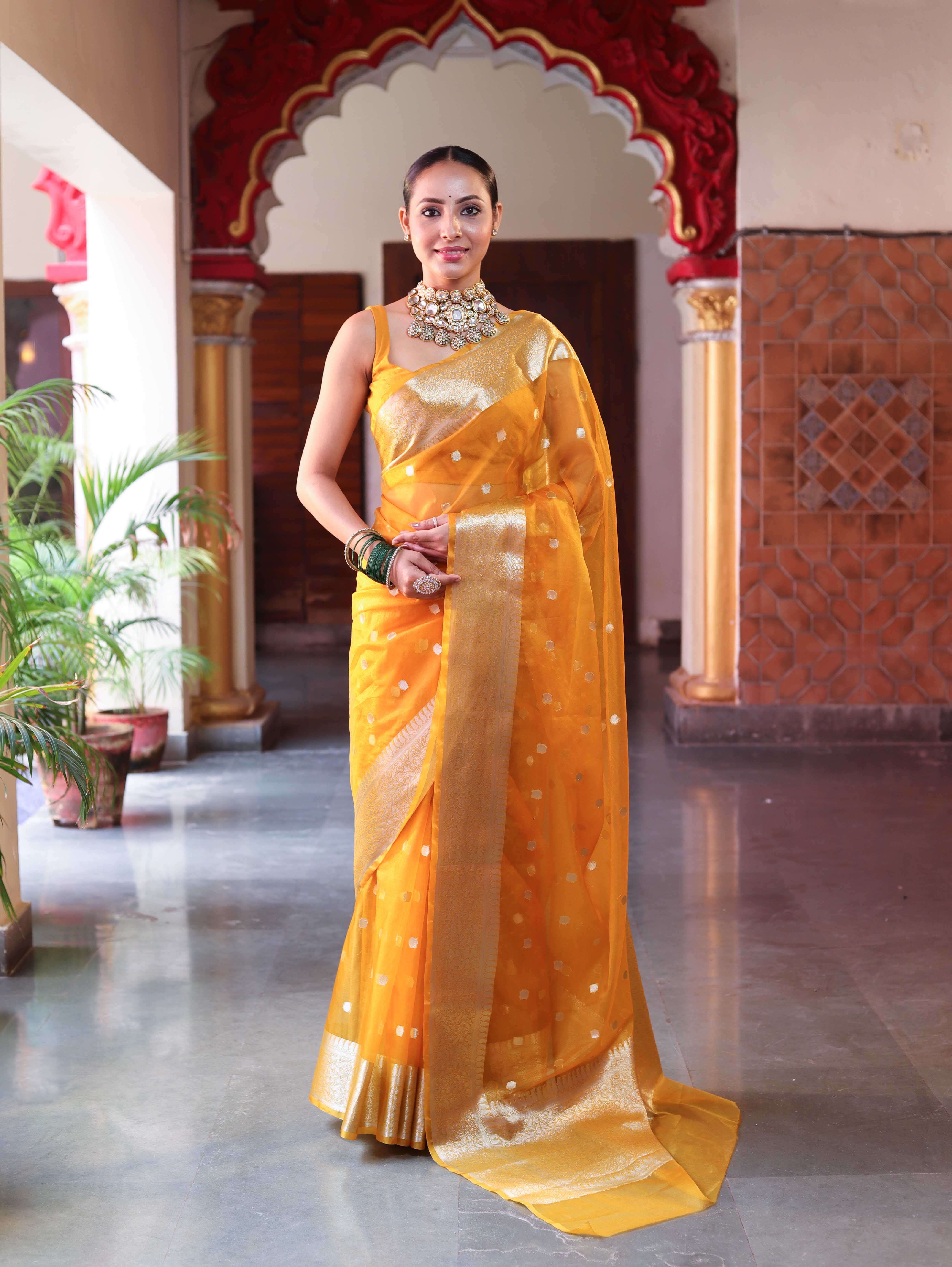 Banarasee Organza Mix Saree With Silver Zari Buti Design & Border-Mustard Yellow