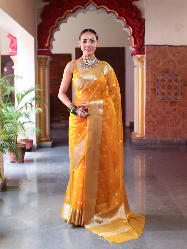 Banarasee Organza Mix Saree With Silver Zari Buti Design & Border-Mustard Yellow