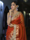 Banarasee Handloom Plain Tissue Saree With Zari Border & Lace-Rust