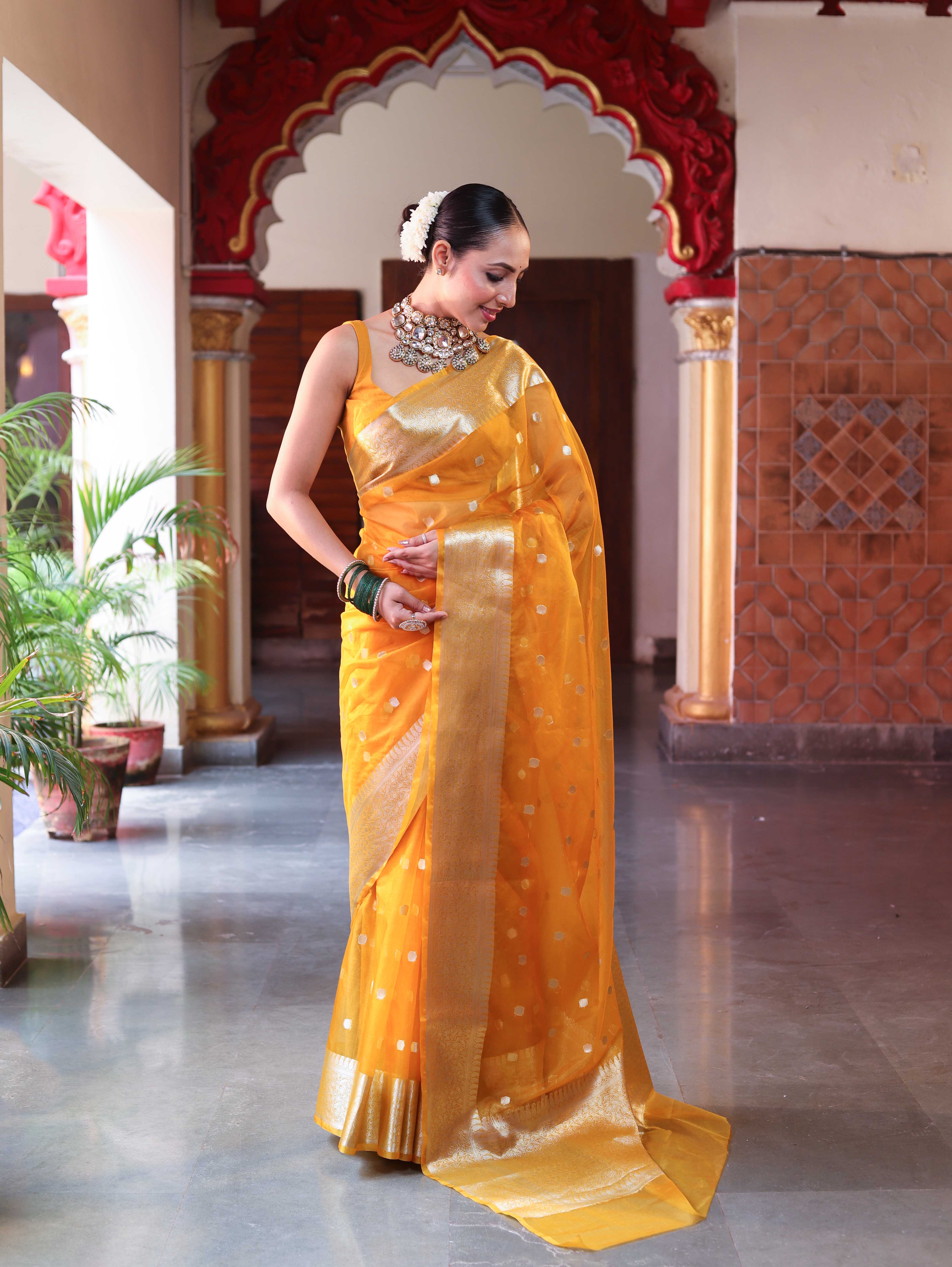 Banarasee Organza Mix Saree With Silver Zari Buti Design & Border-Mustard Yellow