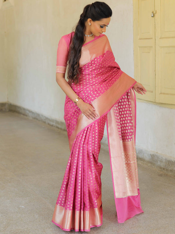 Banarasee Faux Georgette Saree With Gold Zari Buti & Border-Onion Pink