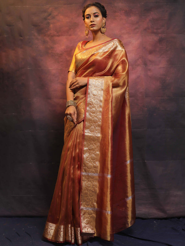 Banarasee Handwoven Plain Tissue Zari Border Saree-Rust