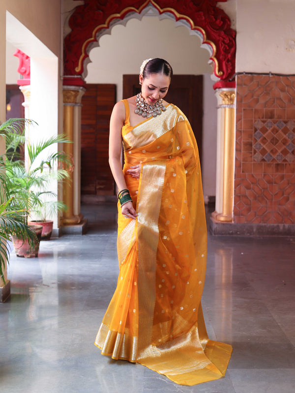 Banarasee Organza Mix Saree With Silver Zari Buti Design & Border-Mustard Yellow