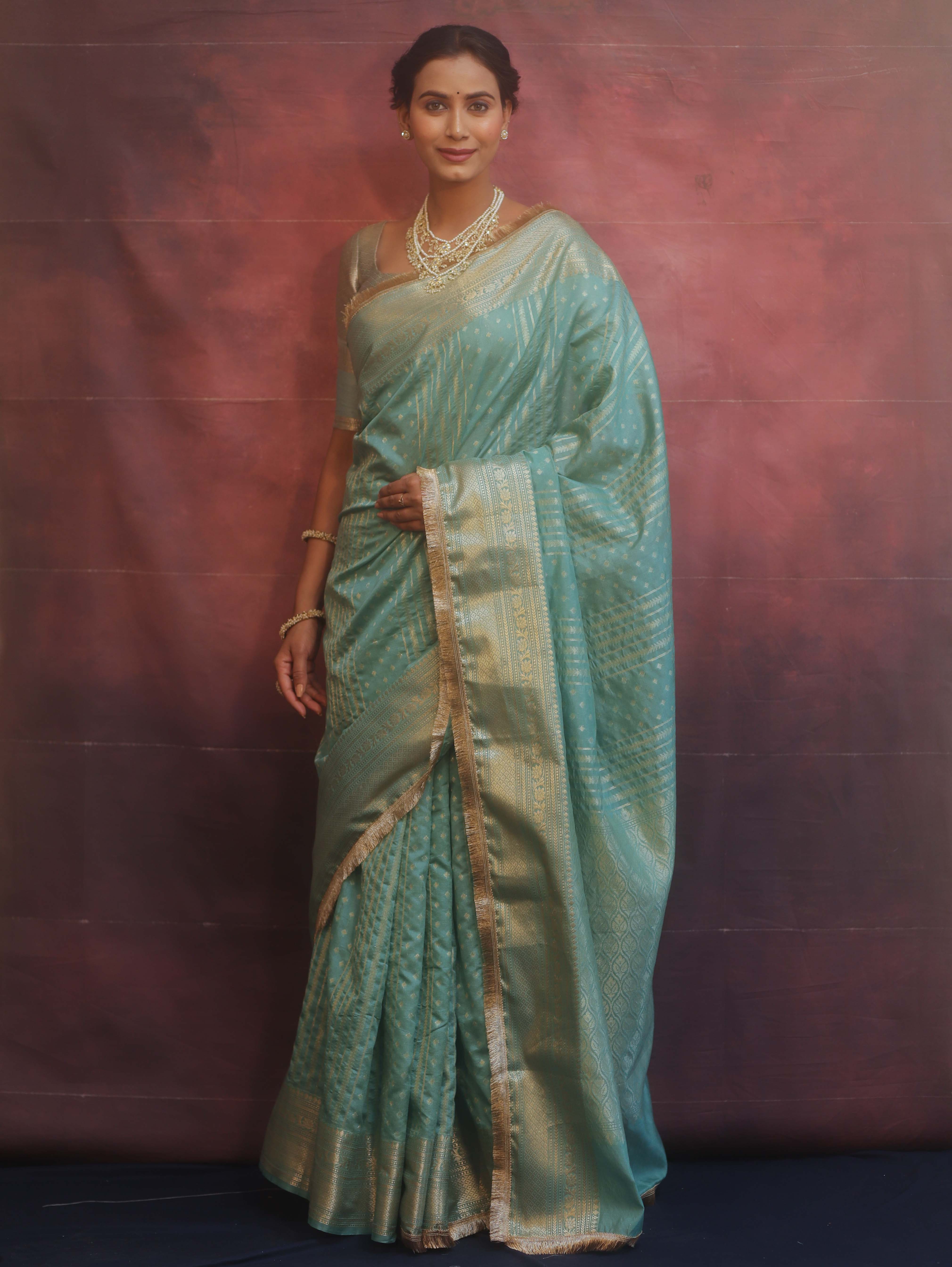 Banarasee Handwoven Semi Silk Saree With Gold Zari Border & Lace-Pastel Green