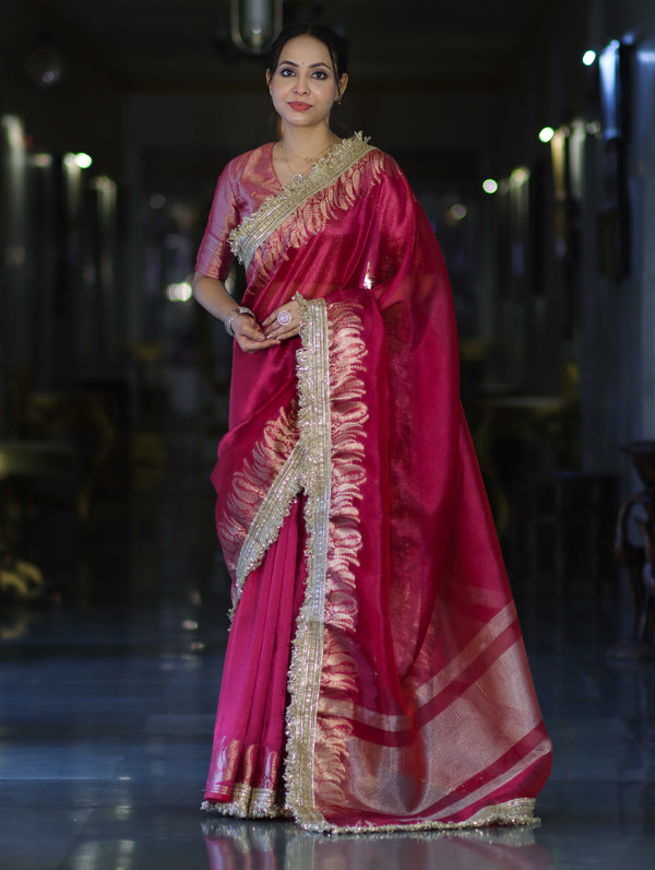 Banarasee Handloom Plain Tissue Saree With Zari Border & Lace-Magenta