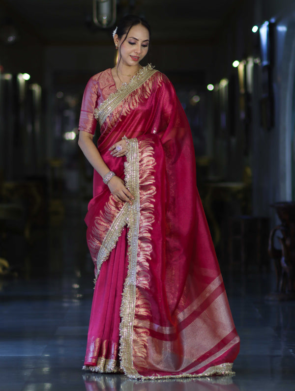 Banarasee Handloom Plain Tissue Saree With Zari Border & Lace-Magenta