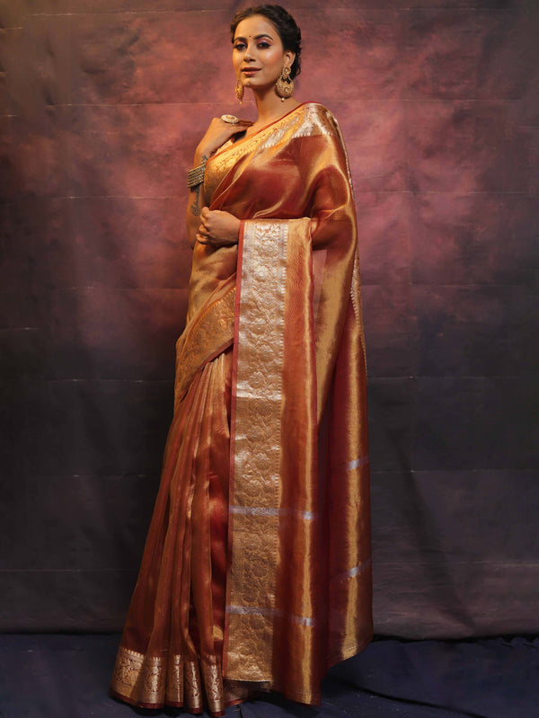 Banarasee Handwoven Plain Tissue Zari Border Saree-Rust