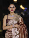 Banarasee Handwoven Plain Tissue Saree With Zari Border & Lace-Light Brown