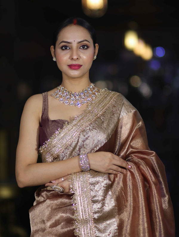 Banarasee Handwoven Plain Tissue Saree With Zari Border & Lace-Light Brown