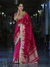 Banarasee Handloom Plain Tissue Saree With Zari Border & Lace-Magenta
