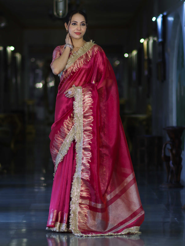 Banarasee Handloom Plain Tissue Saree With Zari Border & Lace-Magenta