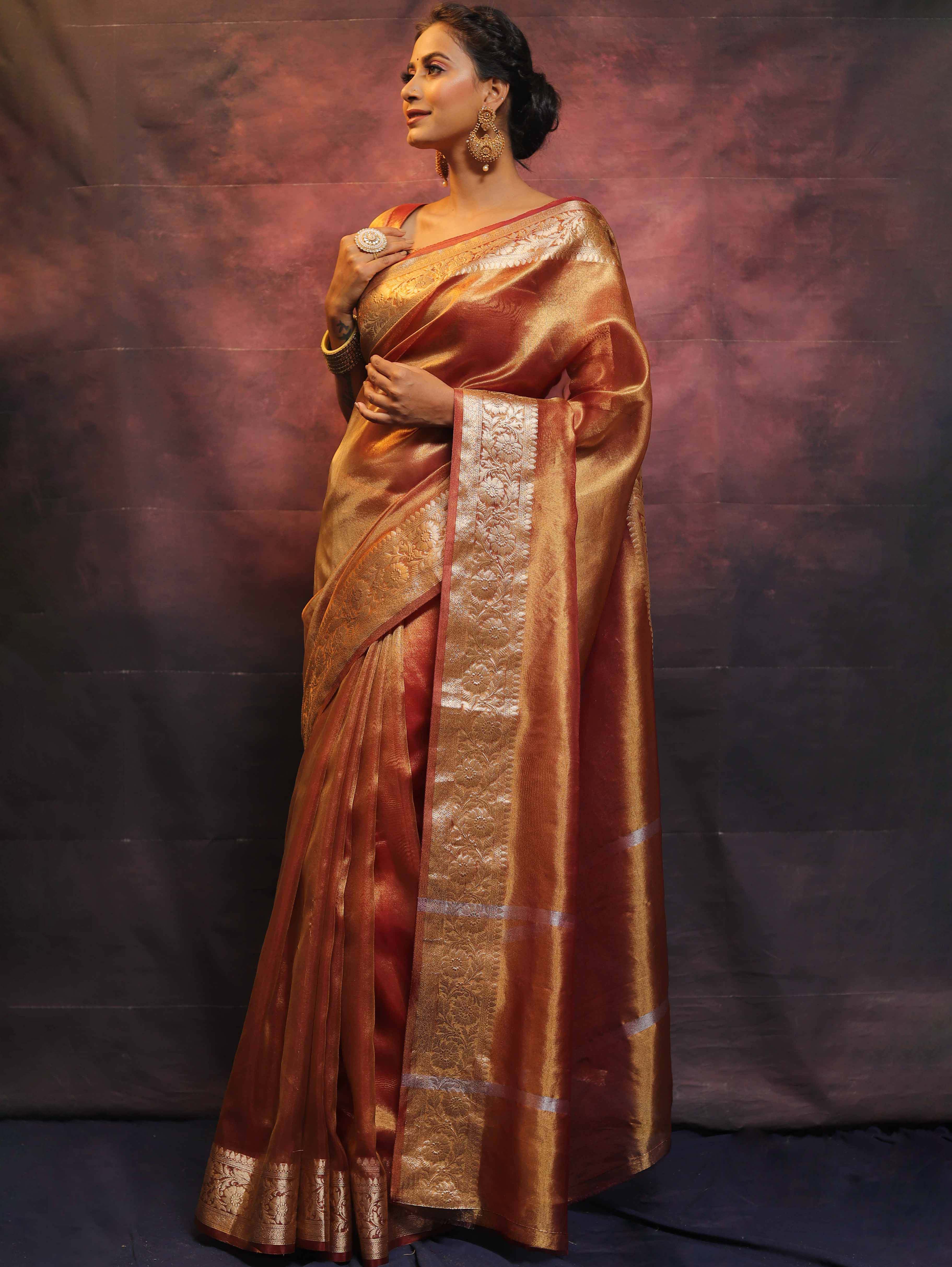 Banarasee Handwoven Plain Tissue Zari Border Saree-Rust