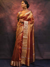 Banarasee Handwoven Plain Tissue Zari Border Saree-Rust