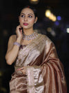 Banarasee Handwoven Plain Tissue Saree With Zari Border & Lace-Light Brown