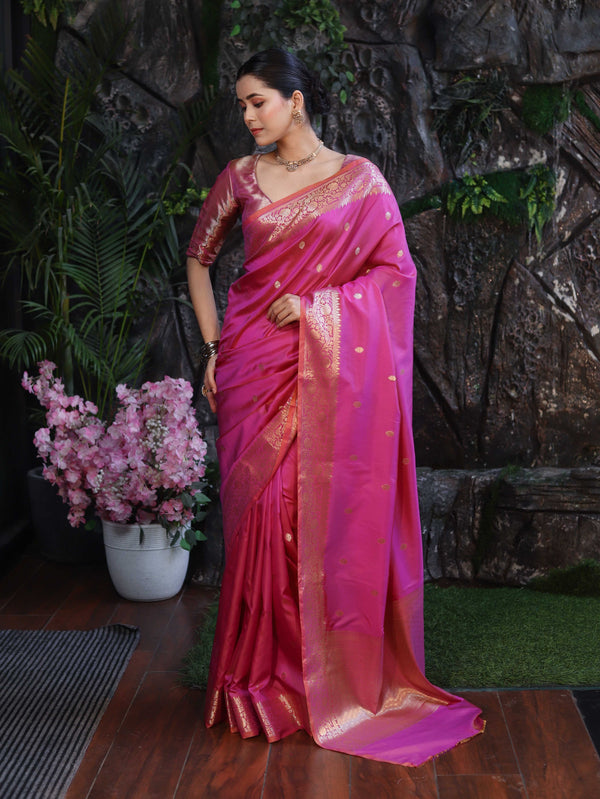 Banarasee Handloom Dual Shade Semi Silk Saree With Zari Buti Work & Border-Dark Pink