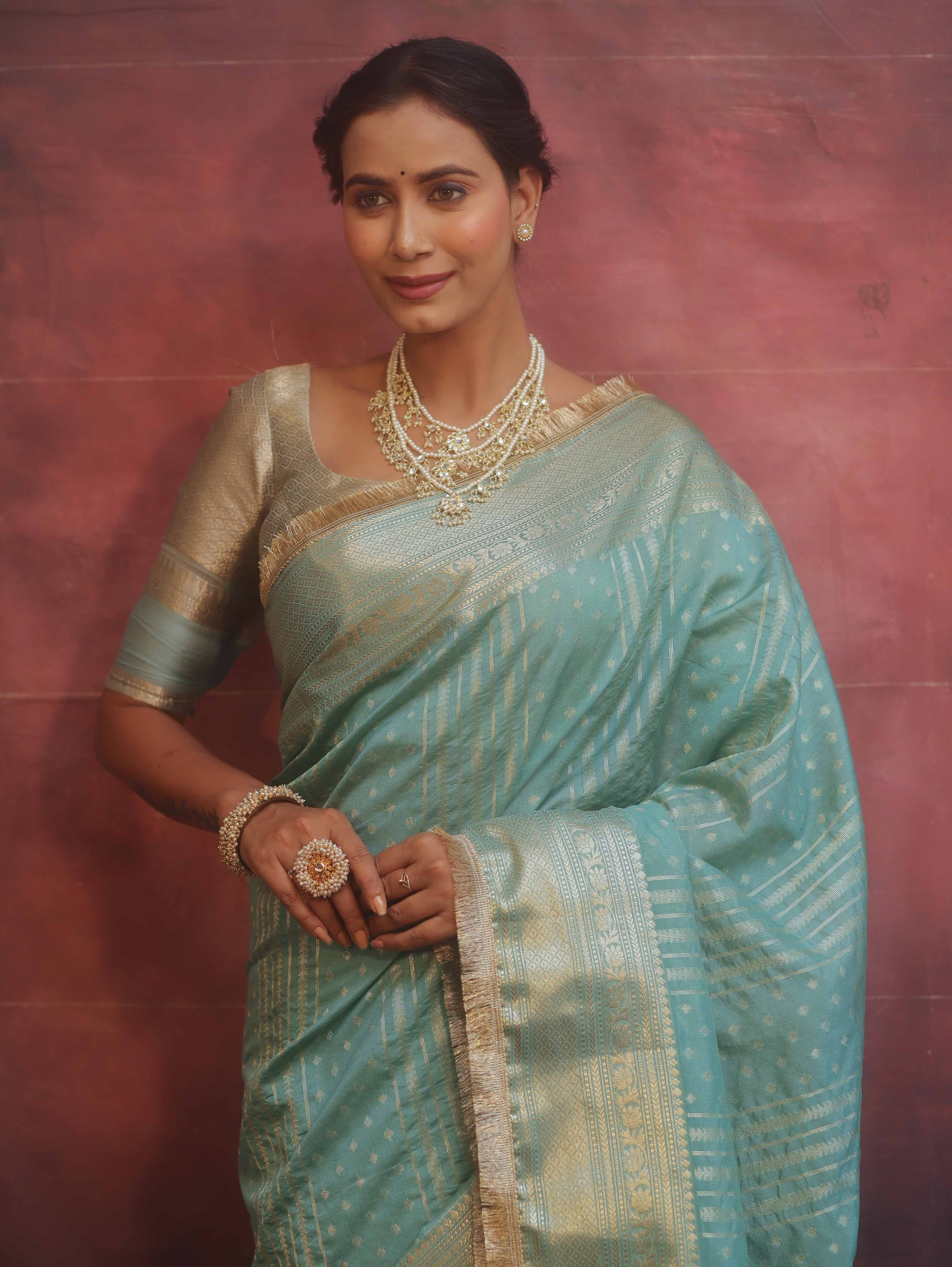Banarasee Handwoven Semi Silk Saree With Gold Zari Border & Lace-Pastel Green