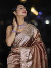 Banarasee Handwoven Plain Tissue Saree With Zari Border & Lace-Light Brown