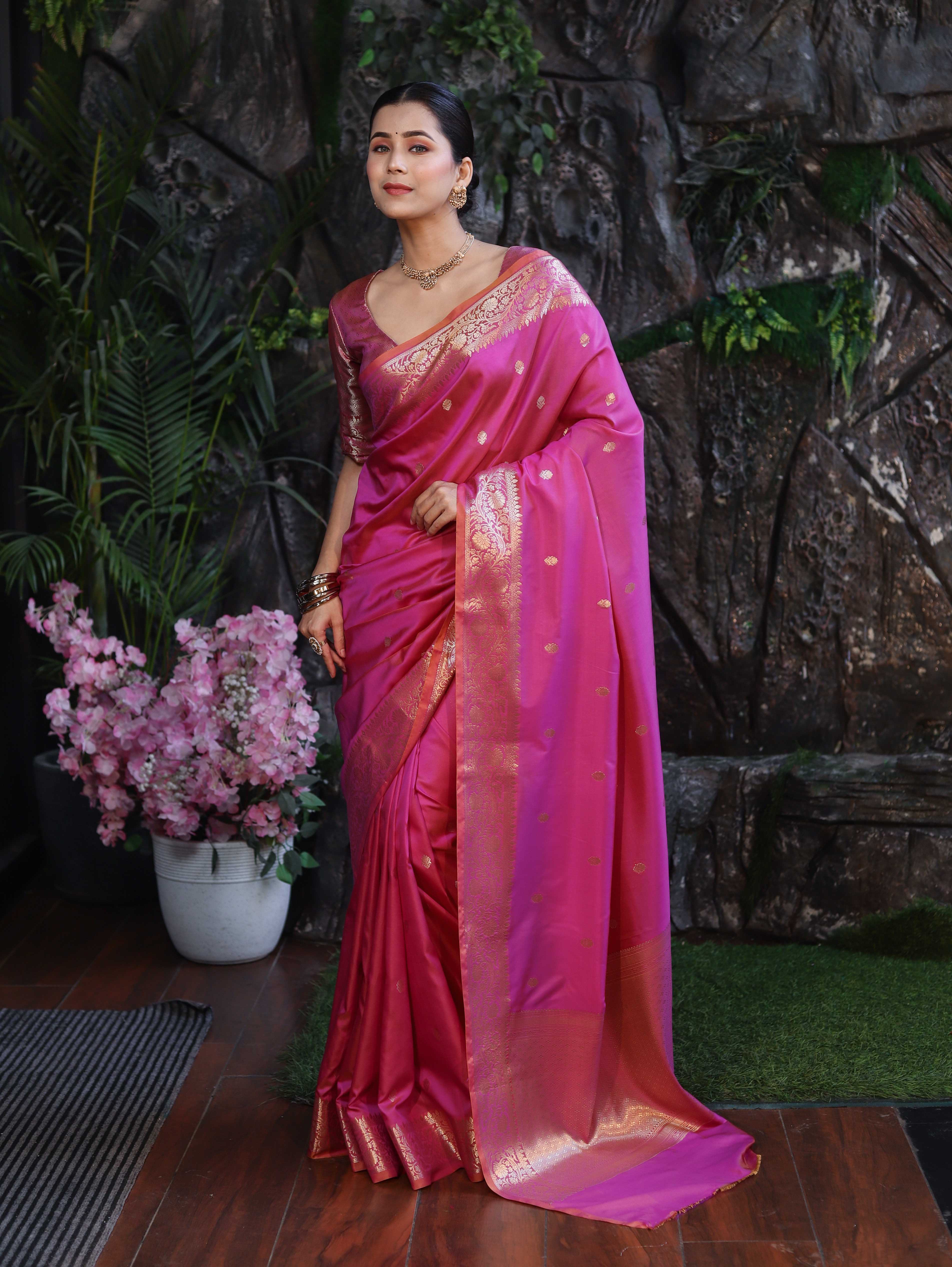 Banarasee Handloom Dual Shade Semi Silk Saree With Zari Buti Work & Border-Dark Pink