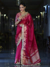 Banarasee Handloom Plain Tissue Saree With Zari Border & Lace-Magenta