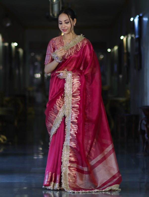Banarasee Handloom Plain Tissue Saree With Zari Border & Lace-Magenta