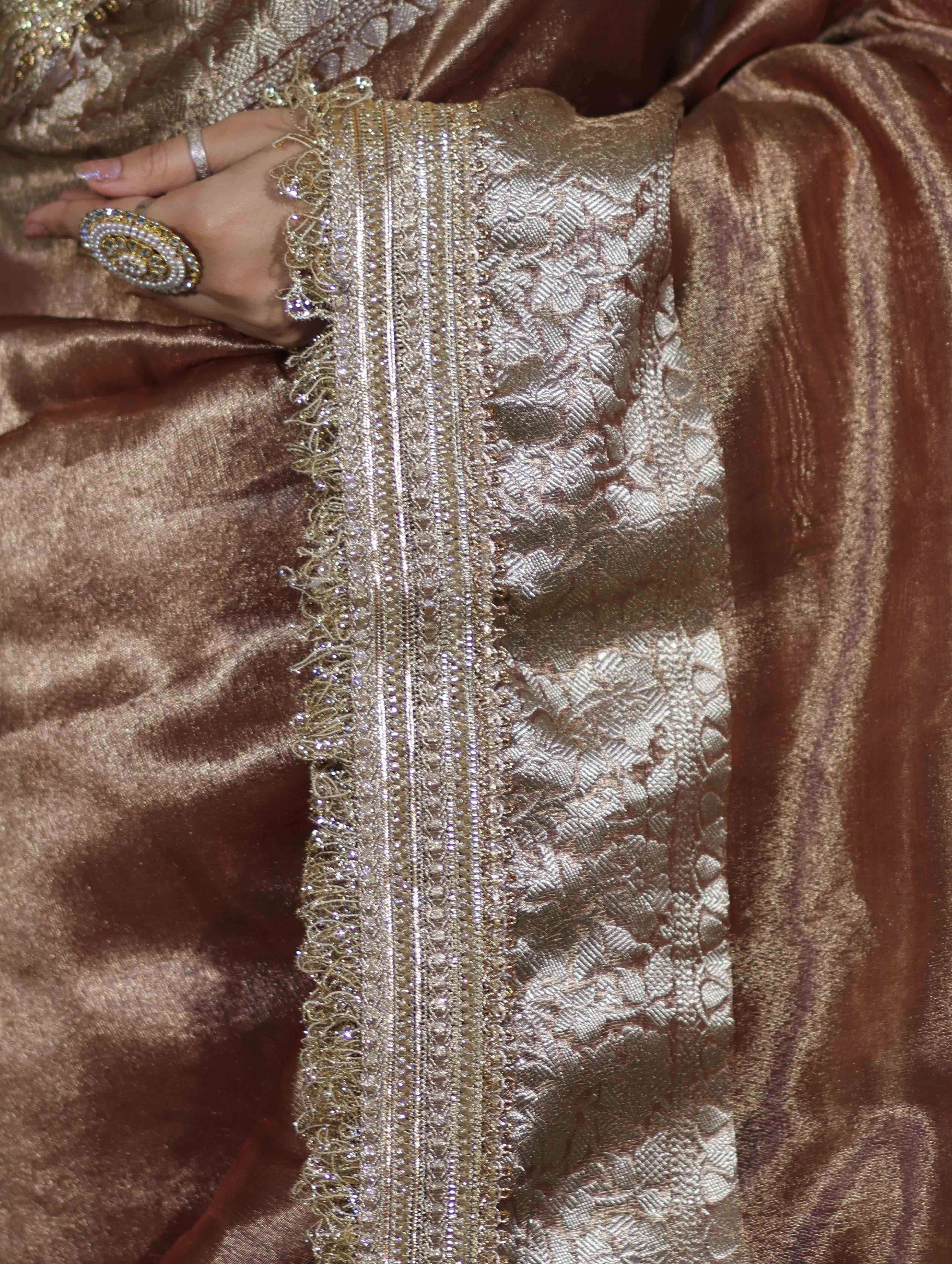 Banarasee Handwoven Plain Tissue Saree With Zari Border & Lace-Light Brown