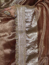 Banarasee Handwoven Plain Tissue Saree With Zari Border & Lace-Light Brown