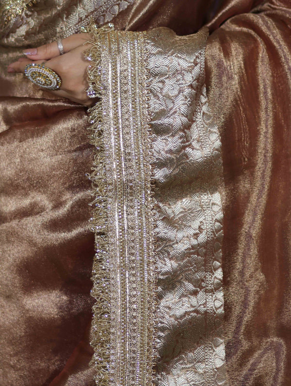 Banarasee Handwoven Plain Tissue Saree With Zari Border & Lace-Light Brown