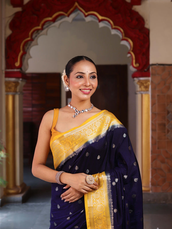 Banarasee Handwoven Semi Silk Saree With Zari Buti Design & Contrast Border-Navy Blue & Yellow