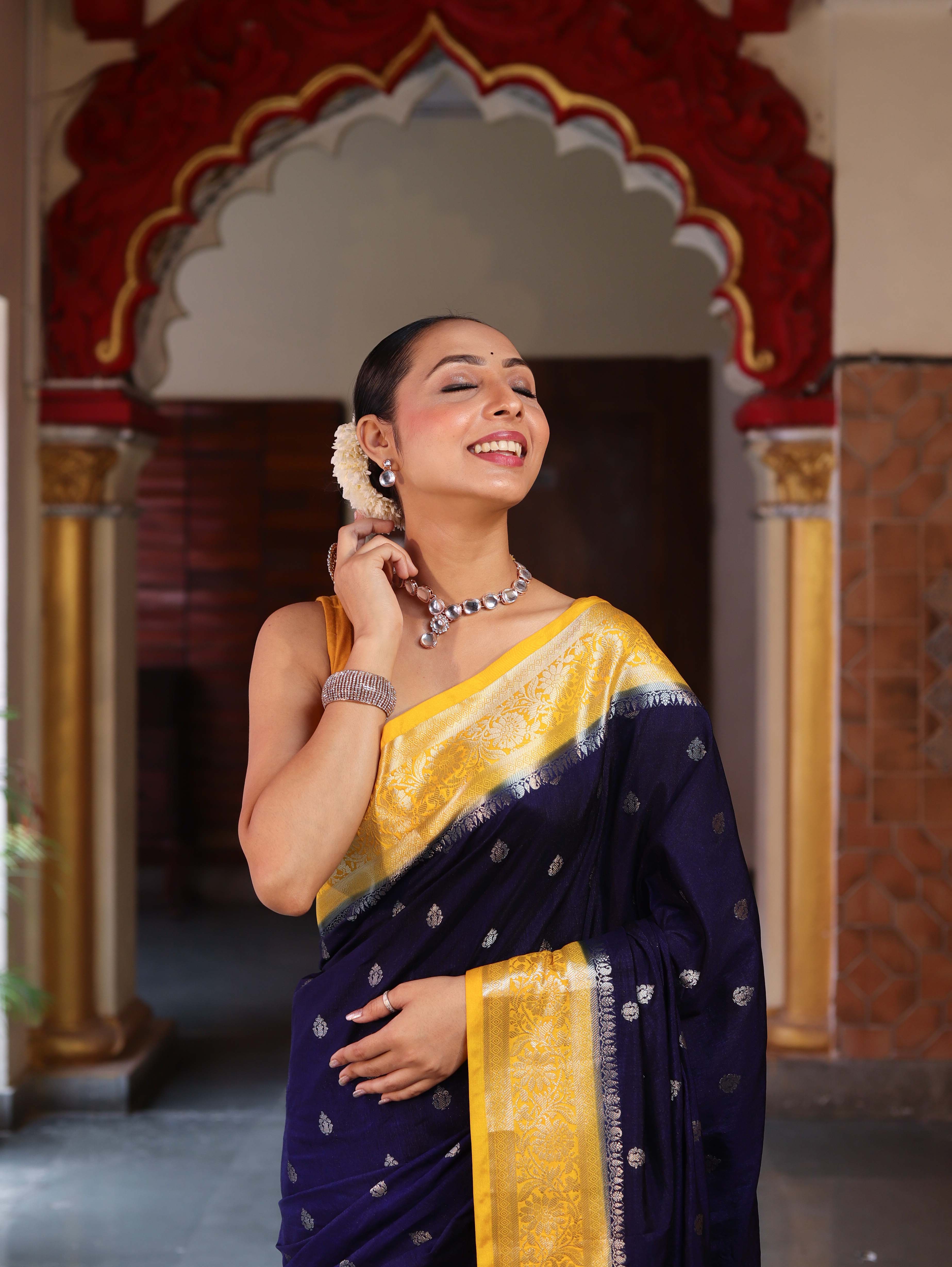 Banarasee Handwoven Semi Silk Saree With Zari Buti Design & Contrast Border-Navy Blue & Yellow