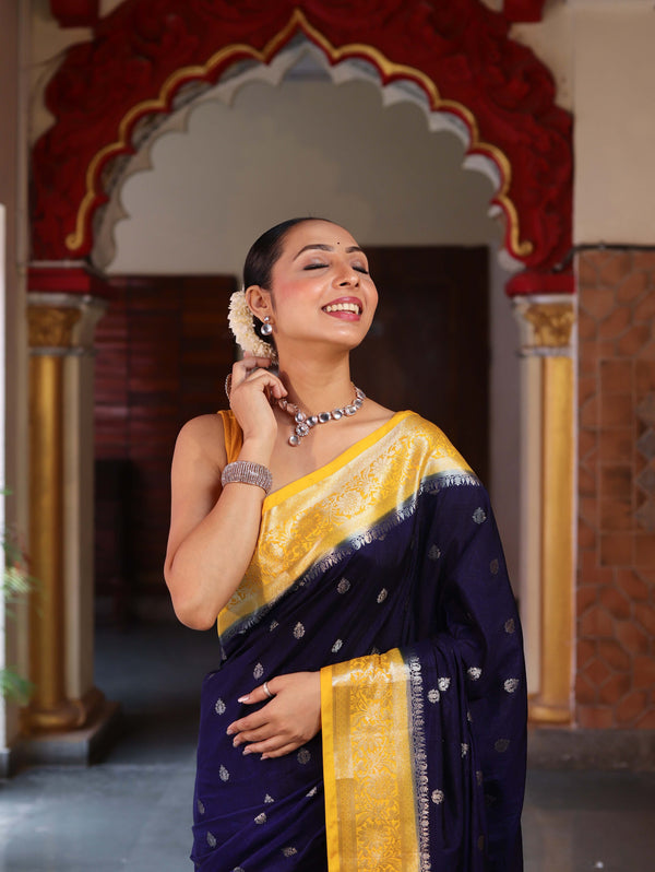 Banarasee Handwoven Semi Silk Saree With Zari Buti Design & Contrast Border-Navy Blue & Yellow