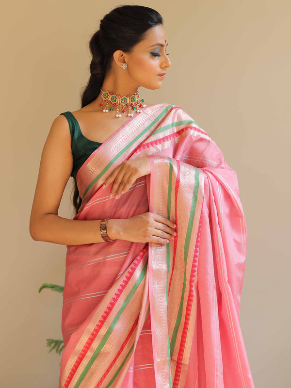 Banarasee Handwoven Semi Silk Plain Saree With Broad Zari & Resham Border-Pink