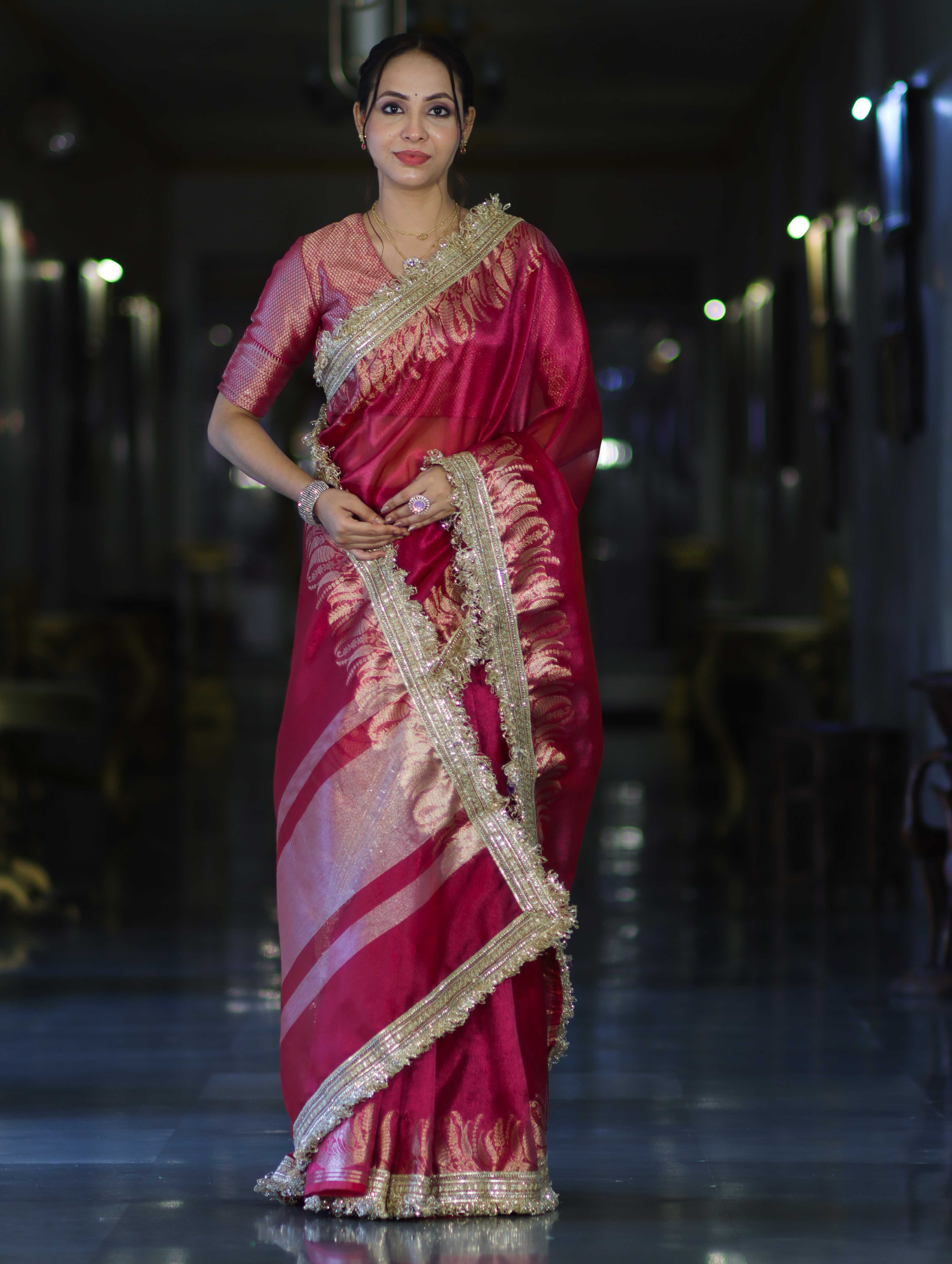 Banarasee Handloom Plain Tissue Saree With Zari Border & Lace-Magenta