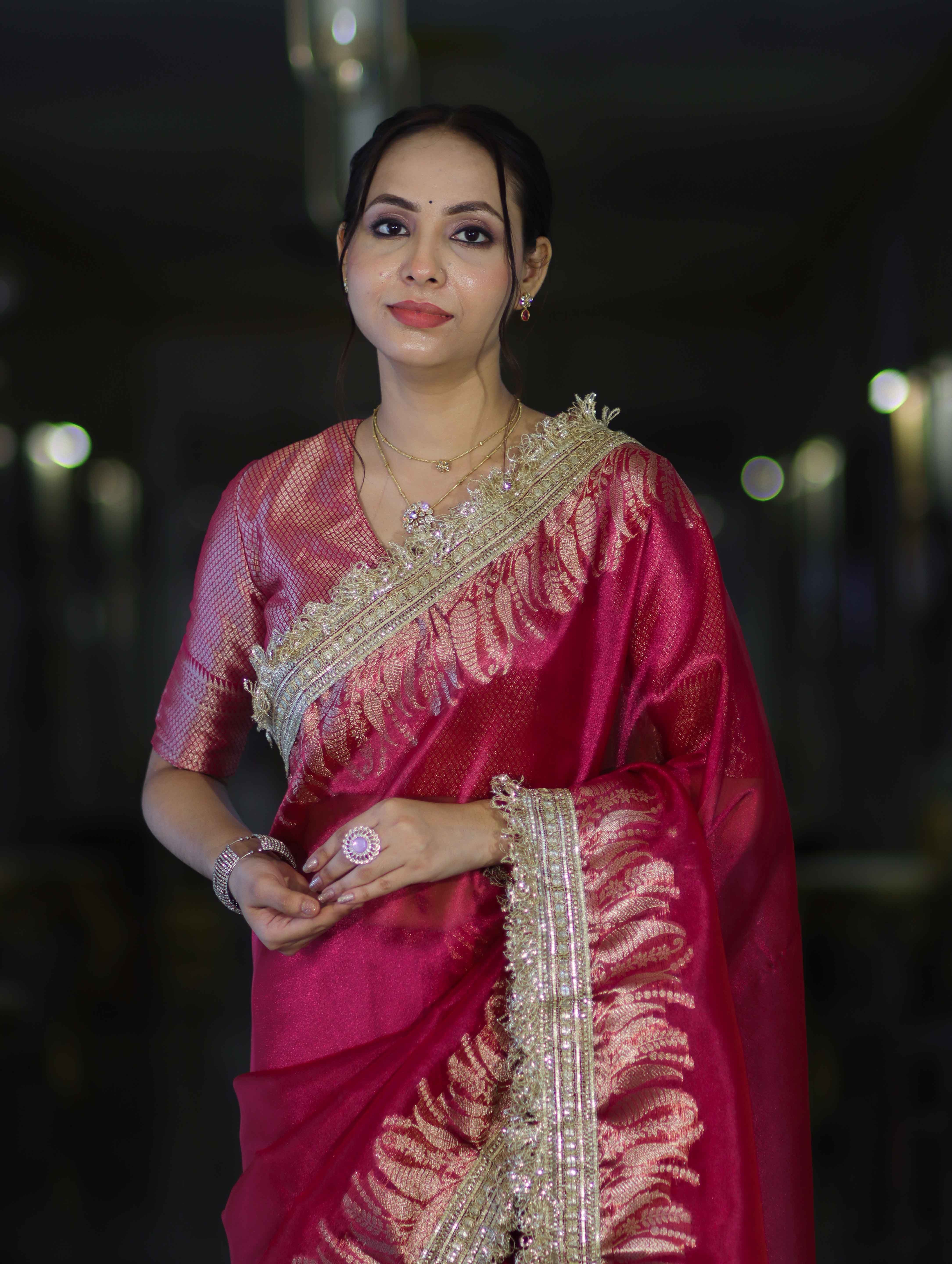 Banarasee Handloom Plain Tissue Saree With Zari Border & Lace-Magenta