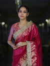 Banarasee Handloom Plain Tissue Saree With Zari Border & Lace-Magenta