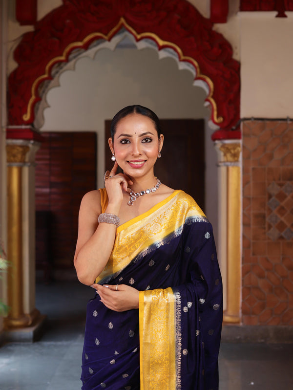 Banarasee Handwoven Semi Silk Saree With Zari Buti Design & Contrast Border-Navy Blue & Yellow