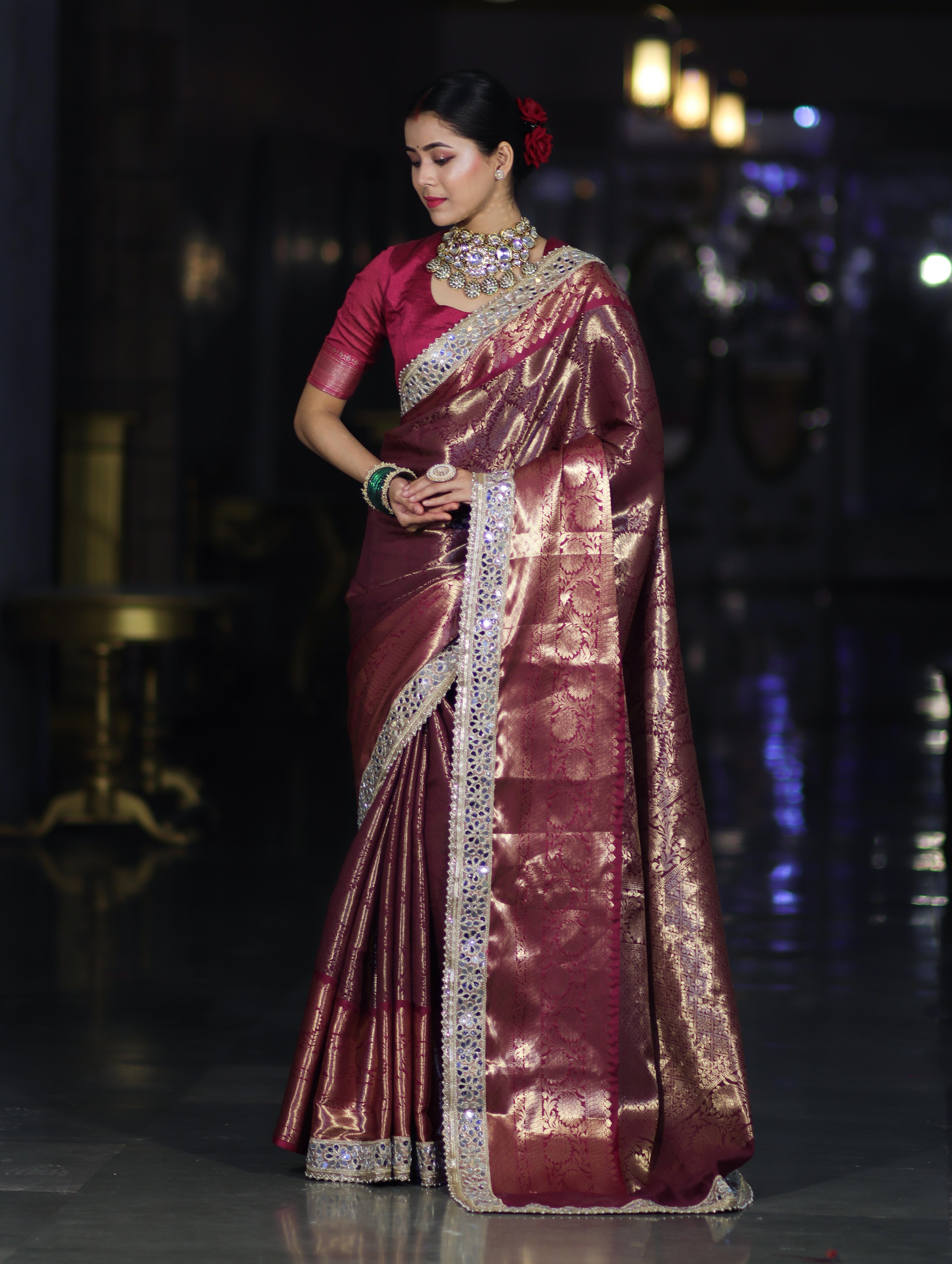 Banarasee Handwoven Tissue Saree With Zari Jaal Design Contrast Border & Lace-Magenta(Dual Tone)