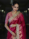 Banarasee Handloom Plain Tissue Saree With Zari Border & Lace-Magenta