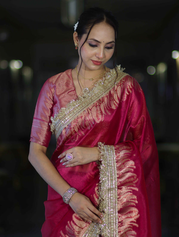 Banarasee Handloom Plain Tissue Saree With Zari Border & Lace-Magenta