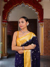 Banarasee Handwoven Semi Silk Saree With Zari Buti Design & Contrast Border-Navy Blue & Yellow