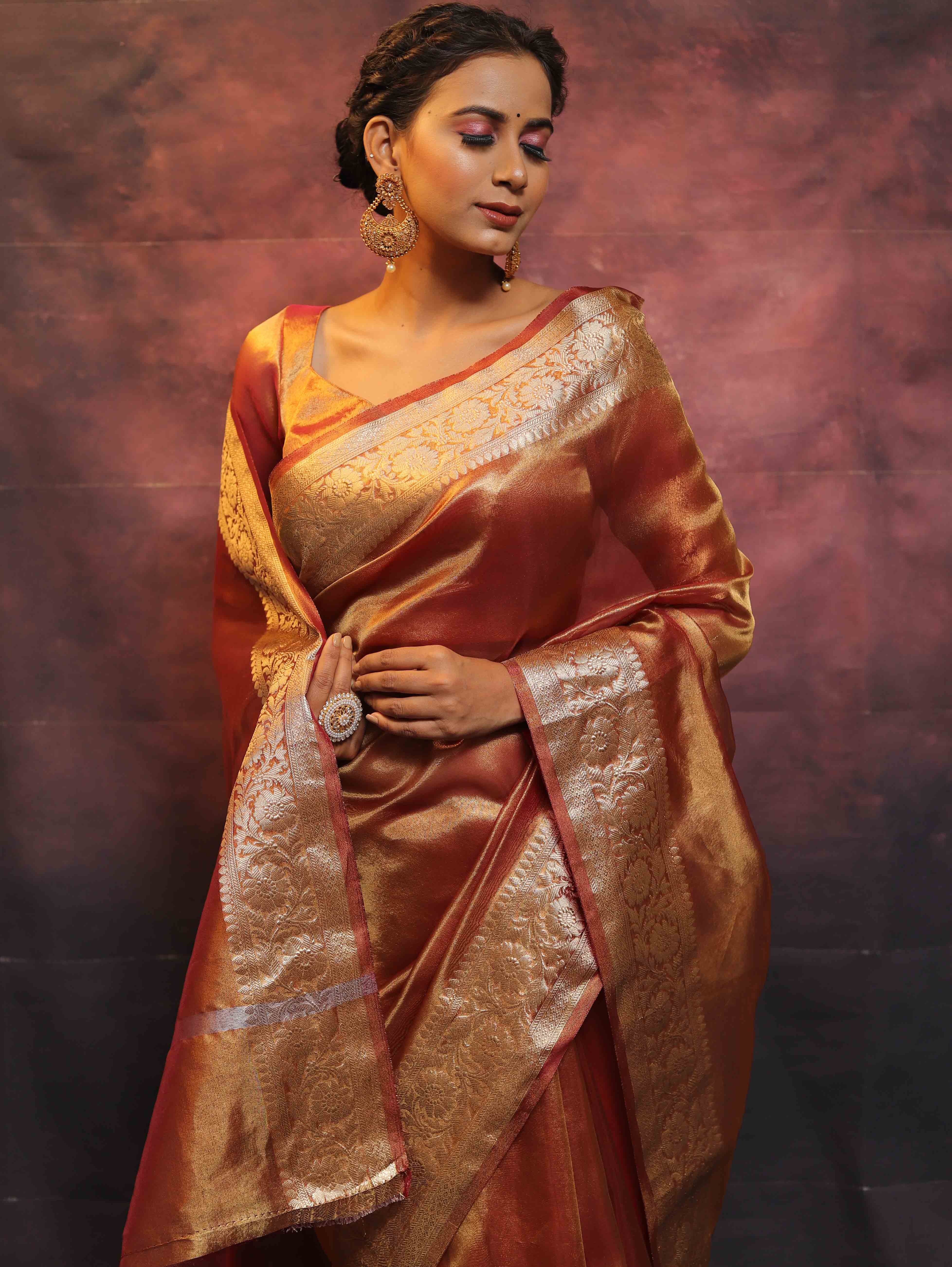 Banarasee Handwoven Plain Tissue Zari Border Saree-Rust