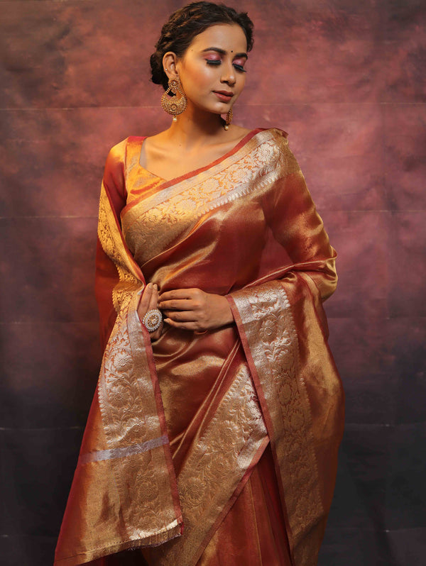 Banarasee Handwoven Plain Tissue Zari Border Saree-Rust