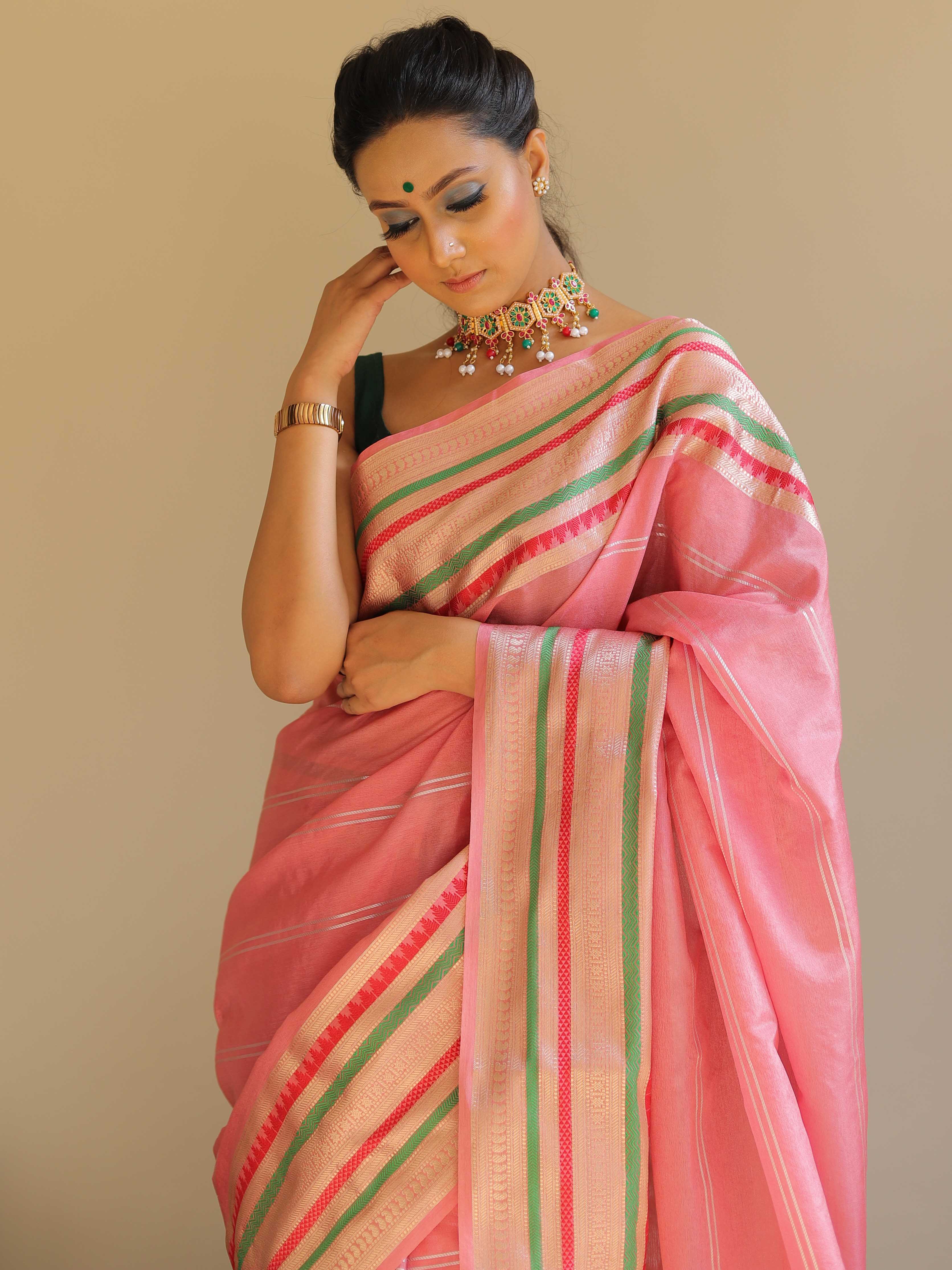 Banarasee Handwoven Semi Silk Plain Saree With Broad Zari & Resham Border-Pink