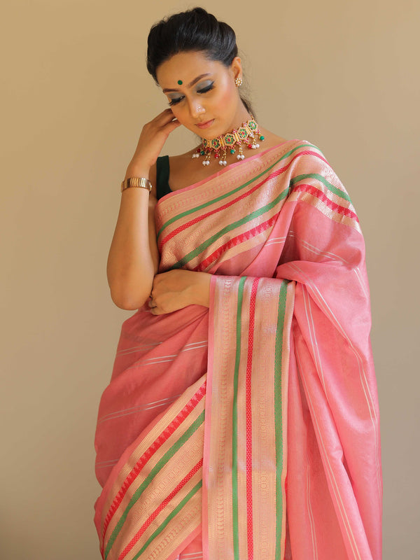 Banarasee Handwoven Semi Silk Plain Saree With Broad Zari & Resham Border-Pink
